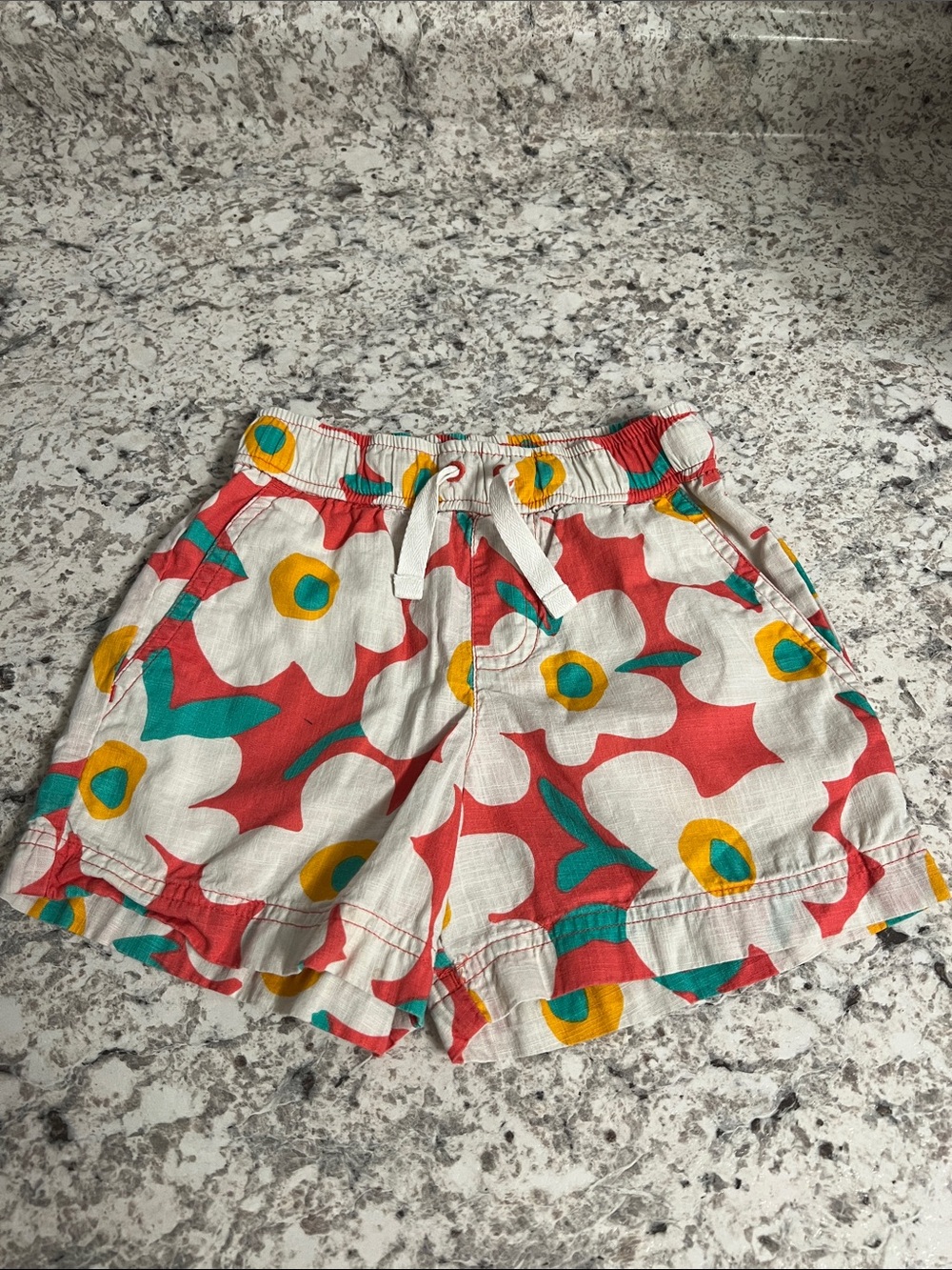 Hanna Andersson Floral Drawstring Shorts in White, Red, Teal & Yellow
